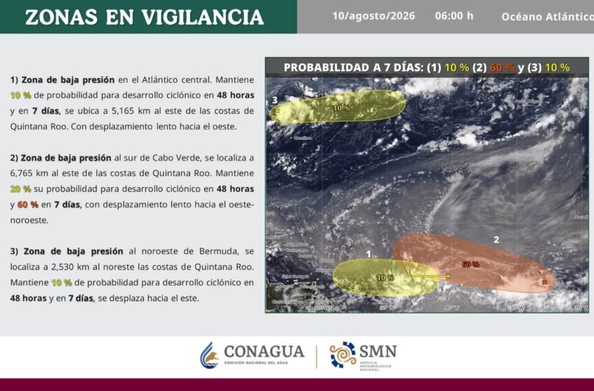  Atlántico mantiene tres zonas de baja presión; Quintana Roo permanece bajo vigilancia